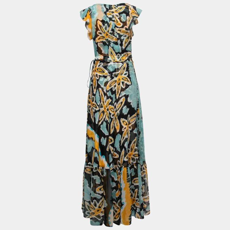 Pre Owned Diane Von Furstenberg Multicolor Printed Silk Ruffled Wrap Maxi Dress M