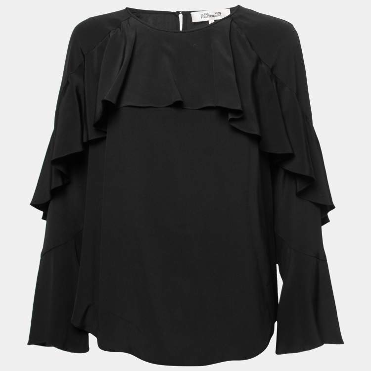 Pre Owned Diane Von Furstenberg Black Silk Ruffle Detail Blouse S