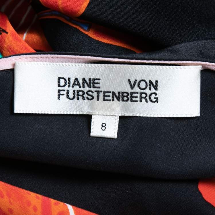 مملوكة مسبقًا Diane Von Furstenberg Black Floral Printed Silk Satin Wrap Midi Dress M