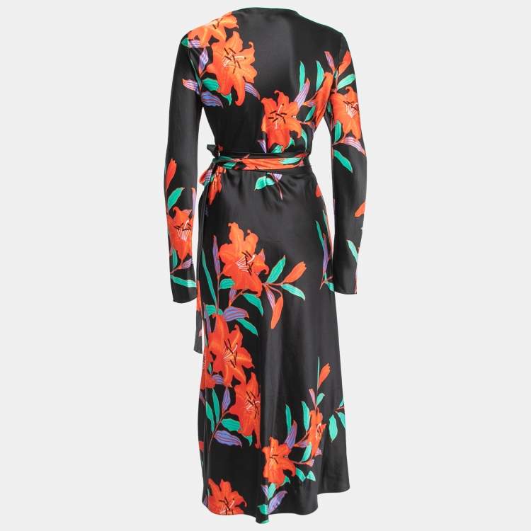مملوكة مسبقًا Diane Von Furstenberg Black Floral Printed Silk Satin Wrap Midi Dress M