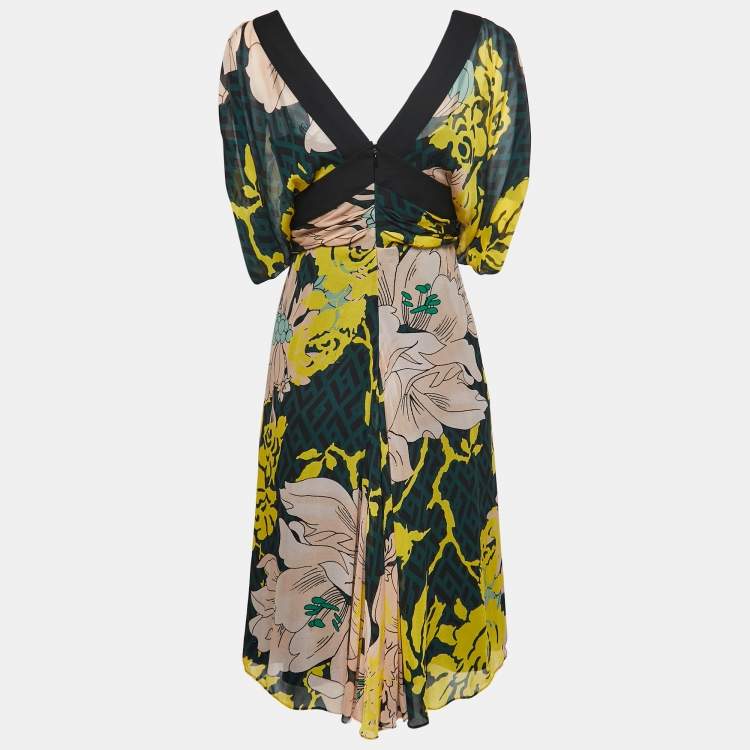 Pre Owned Diane Von Furstenberg Black Printed Silk Chiffon Ruffle Detail Midi Dress S