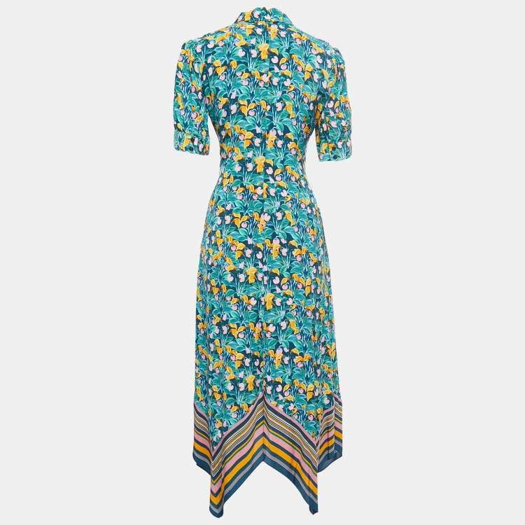 Pre Owned Diane Von Furstenberg Green Printed Crepe Button Front Asymmetrical Maxi Dress S