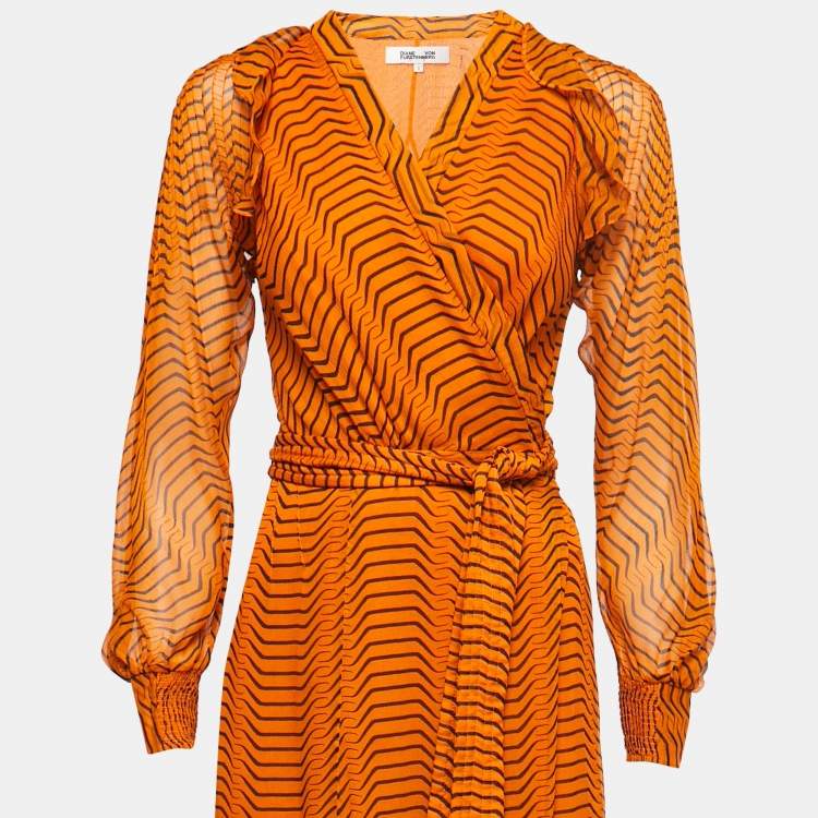Pre Owned Diane Von Furstenberg Orange Tiger Printed Silk Chiffon Wrap Asymmetrical Long Dress S