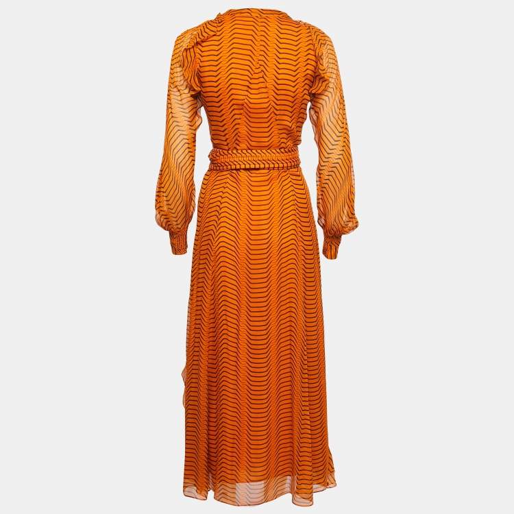 Diane Von Furstenberg Orange Tiger Printed Silk Chiffon Wrap Asymmetrical Long Dress S Diane Von Furstenberg TLC