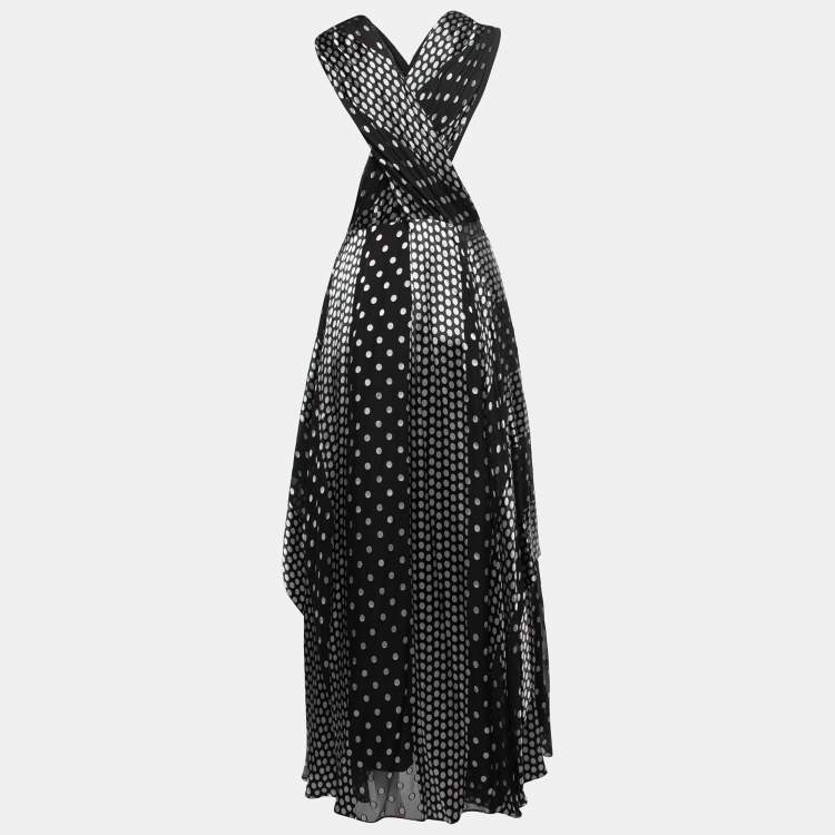 Pre Owned Diane Von Furstenberg Black Polka Dotted Silk Blend Sleeveless V-Neck Draped Maxi Dress XL