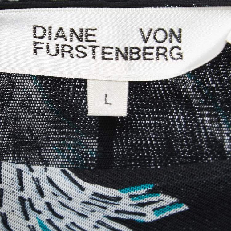 مملوكة مسبقًا Diane Von Furstenberg Black Printed Mesh Wrap Detail Mini Dress L