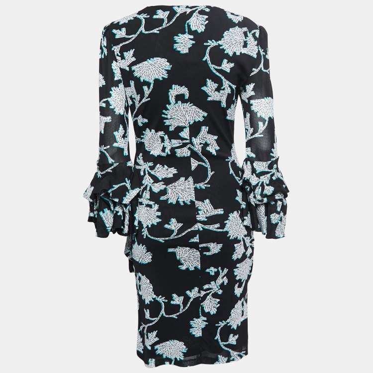 مملوكة مسبقًا Diane Von Furstenberg Black Printed Mesh Wrap Detail Mini Dress L