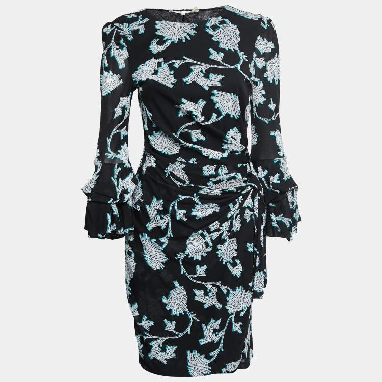 مملوكة مسبقًا Diane Von Furstenberg Black Printed Mesh Wrap Detail Mini Dress L