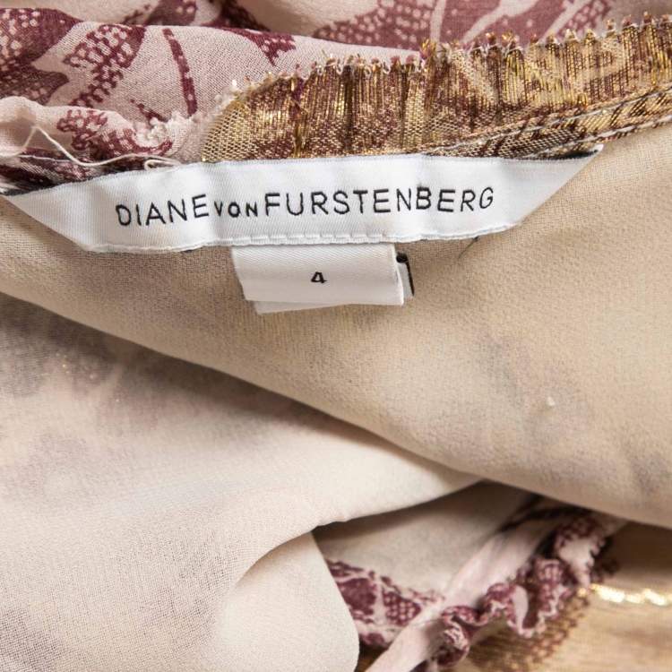 Pre Owned Diane Von Furstenberg Dusty Pink Printed Silk & Lurex Ruffle Detailed Maxi Dress S