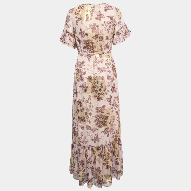 Pre Owned Diane Von Furstenberg Dusty Pink Printed Silk & Lurex Ruffle Detailed Maxi Dress S