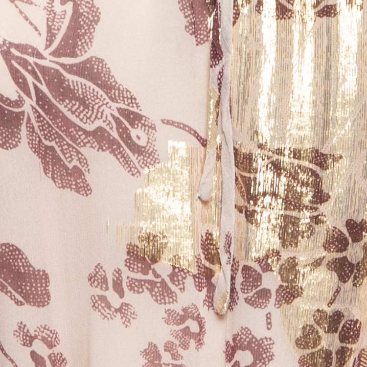 Pre Owned Diane Von Furstenberg Dusty Pink Printed Silk & Lurex Ruffle Detailed Maxi Dress S