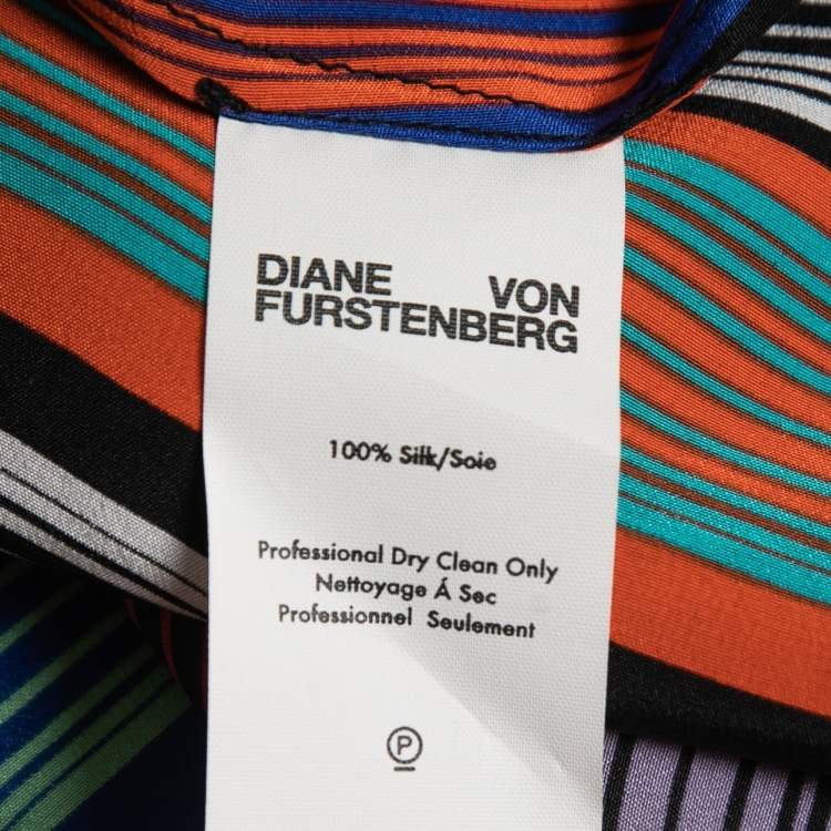 Pre Owned Diane Von Furstenberg Multicolor Striped Silk Button Front Flared Shirt Maxi Dress S