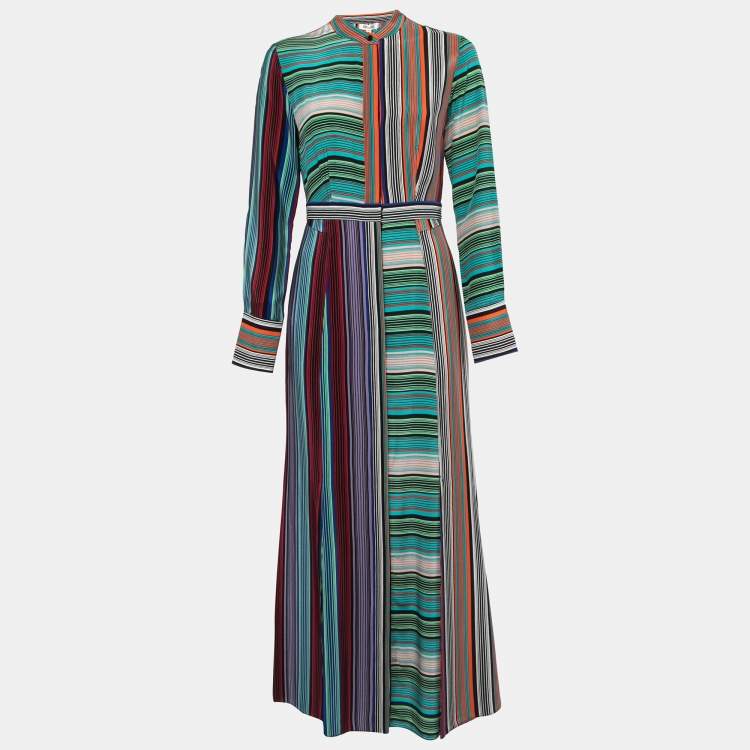 Pre Owned Diane Von Furstenberg Multicolor Striped Silk Button Front Flared Shirt Maxi Dress S