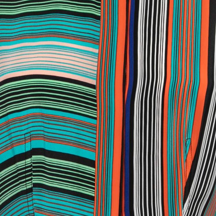 Pre Owned Diane Von Furstenberg Multicolor Striped Silk Button Front Flared Shirt Maxi Dress S