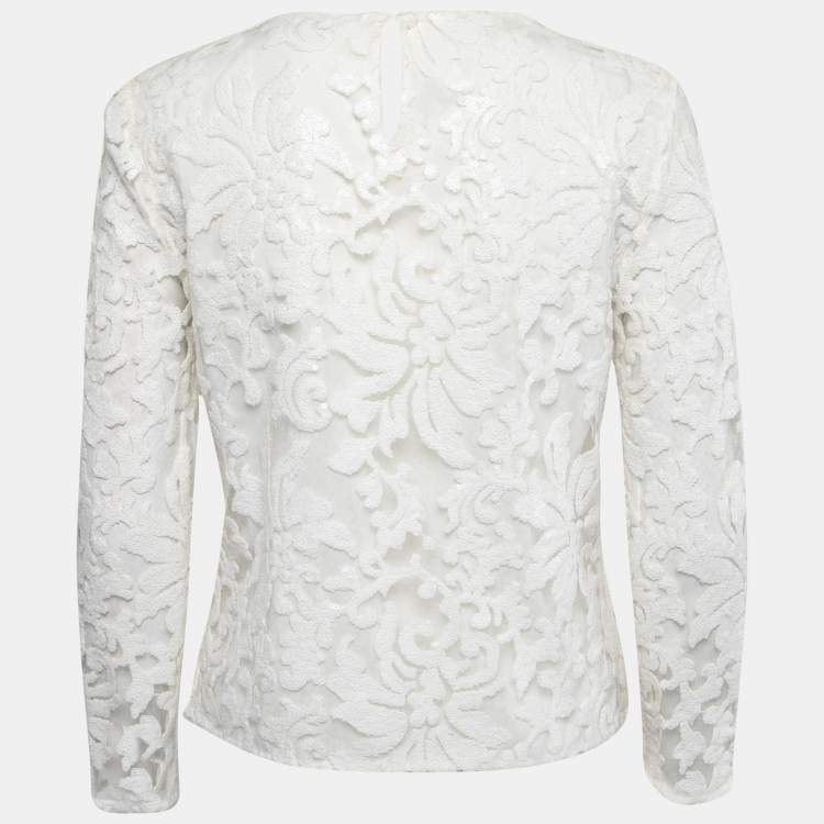 Pre Owned Diane Von Furstenberg White Floral Sequin Embellished Nylon Long Sleeve Top S