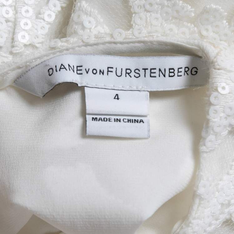 Pre Owned Diane Von Furstenberg White Floral Sequin Embellished Nylon Long Sleeve Top S