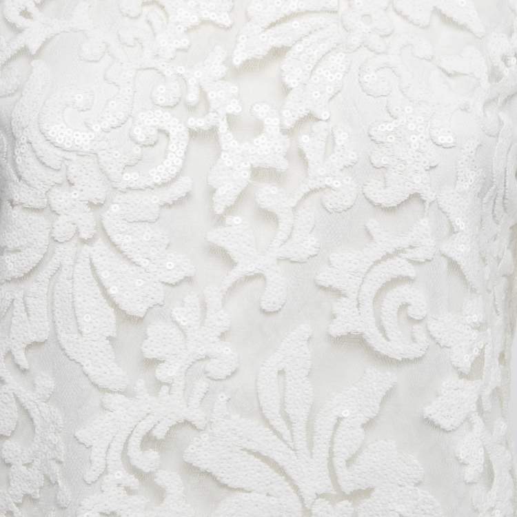 Pre Owned Diane Von Furstenberg White Floral Sequin Embellished Nylon Long Sleeve Top S