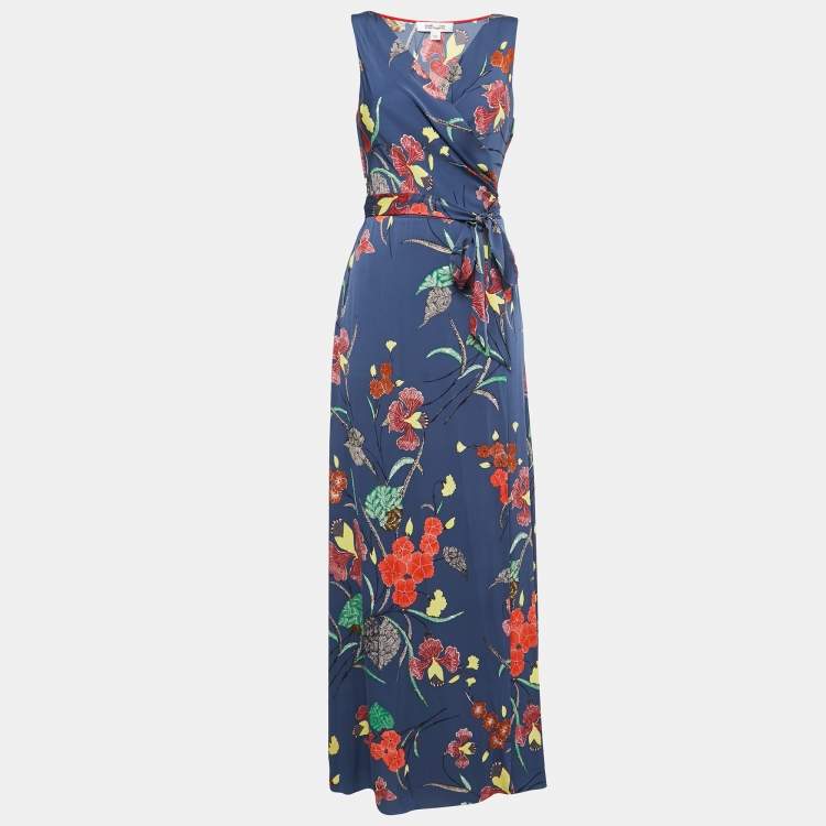 Pre Owned Diane Von Furstenberg Blue Floral Printed Silk Sleeveless Wrap on Maxi Dress S