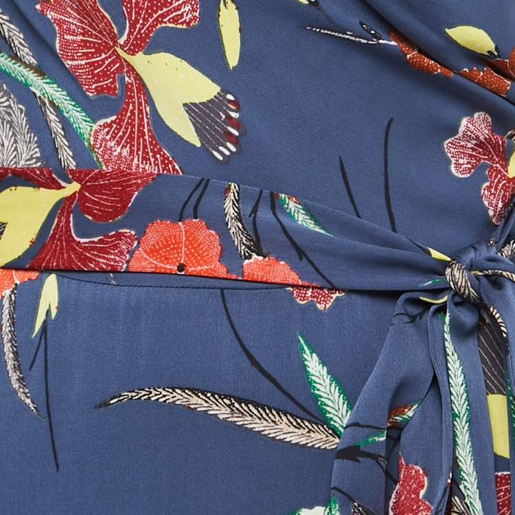 Pre Owned Diane Von Furstenberg Blue Floral Printed Silk Sleeveless Wrap on Maxi Dress S
