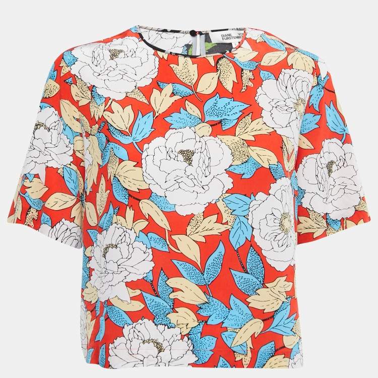 Pre Owned Diane Von Furstenberg Red/Black Floral Printed Silk Short Sleeve Boxy Blouse M