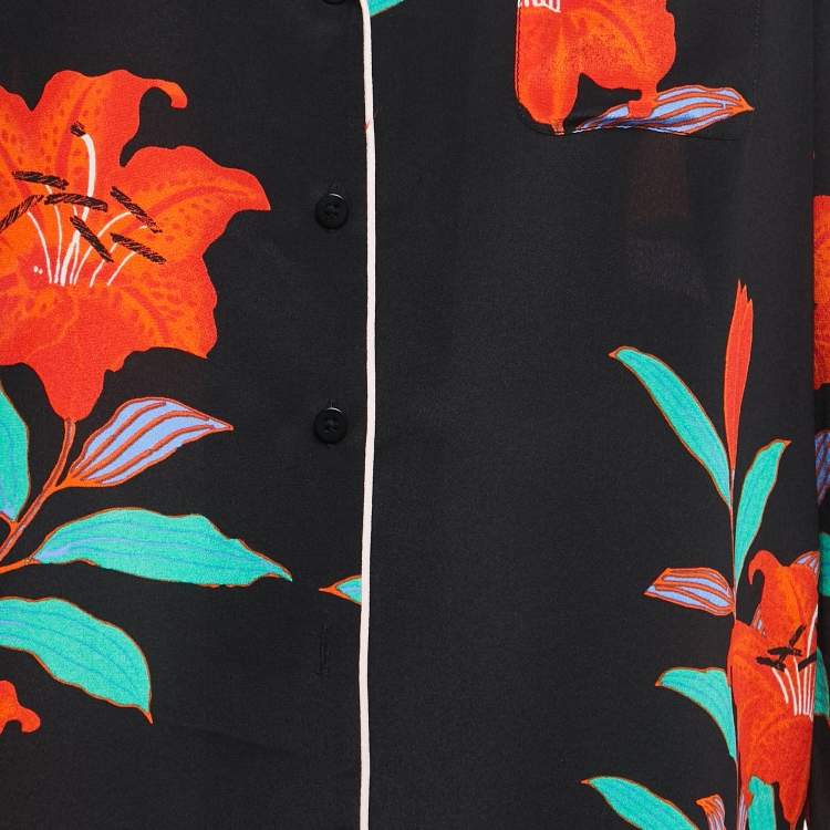 Pre Owned Diane Von Furstenberg Black Floral Printed Silk Pajama Top M