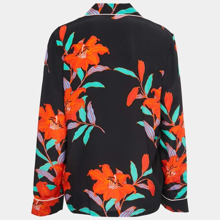 Pre Owned Diane Von Furstenberg Black Floral Printed Silk Pajama Top M
