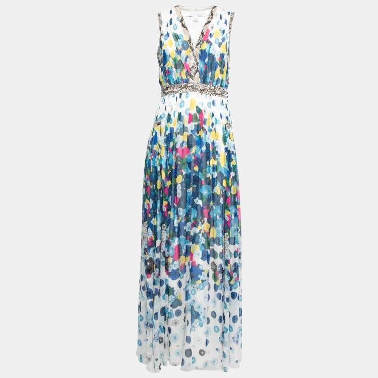 Pre Owned Diane Von Furstenberg Multicolor Printed Silk Chiffon Gathered Sleeveless Maxi Dress M