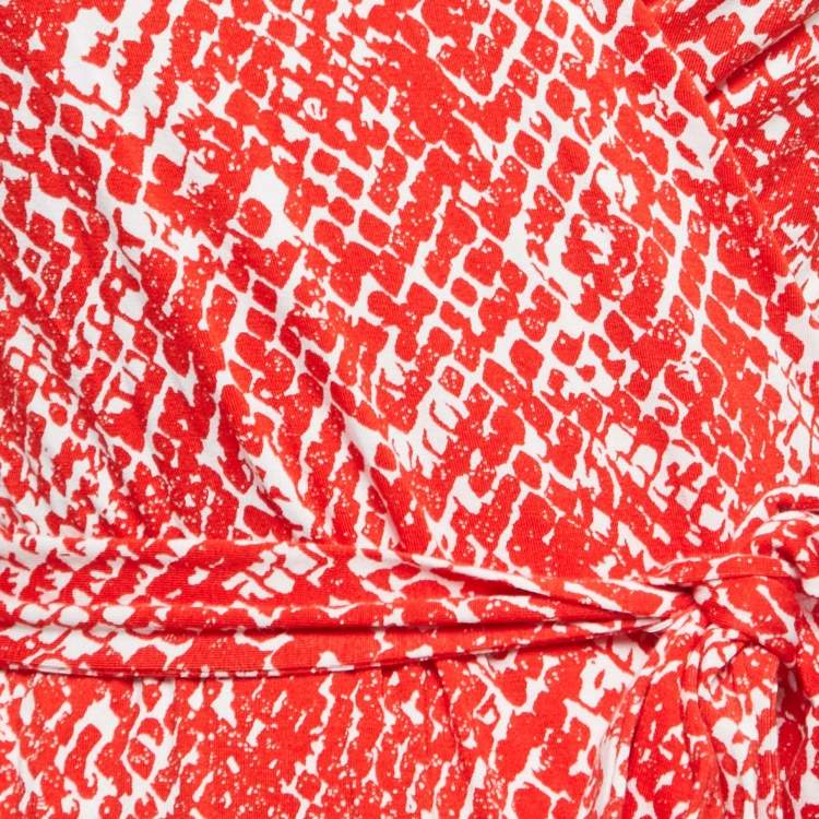 Pre Owned Diane Von Furstenberg Red Printed Knit New Julian Two Mini Wrap Dress M