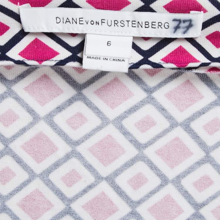 Pre Owned Diane Von Furstenberg Pink Printed Cotton & Silk Mini Wrap Dress M