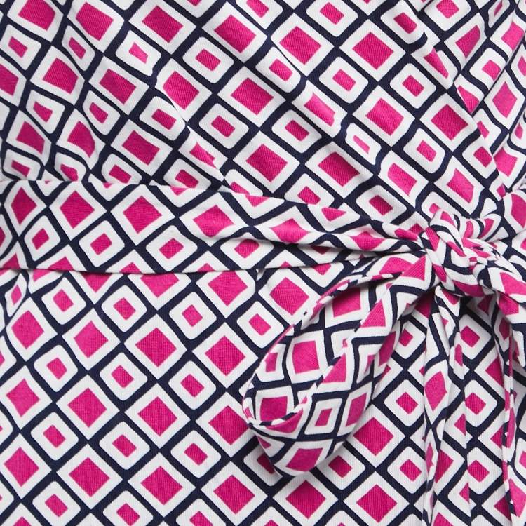 Pre Owned Diane Von Furstenberg Pink Printed Cotton & Silk Mini Wrap Dress M