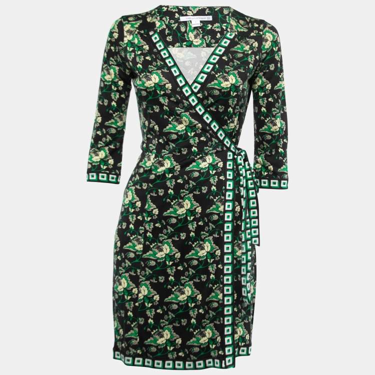 Pre Owned Diane Von Furstenberg Black & Green Printed Silk Knit Tallulah Two Mini Wrap Dress M