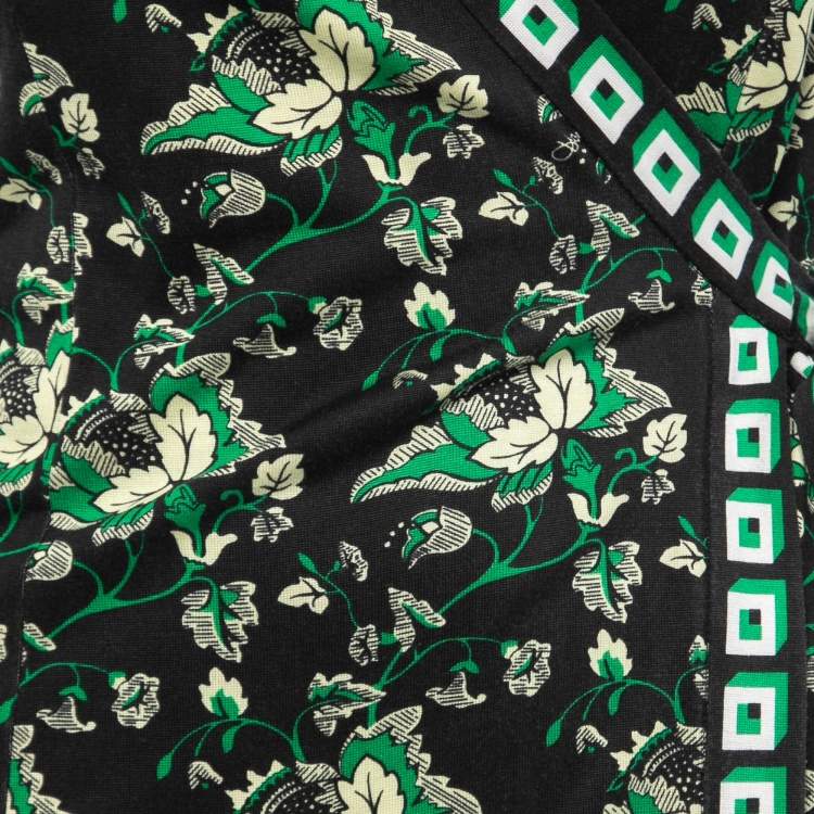 Pre Owned Diane Von Furstenberg Black & Green Printed Silk Knit Tallulah Two Mini Wrap Dress M