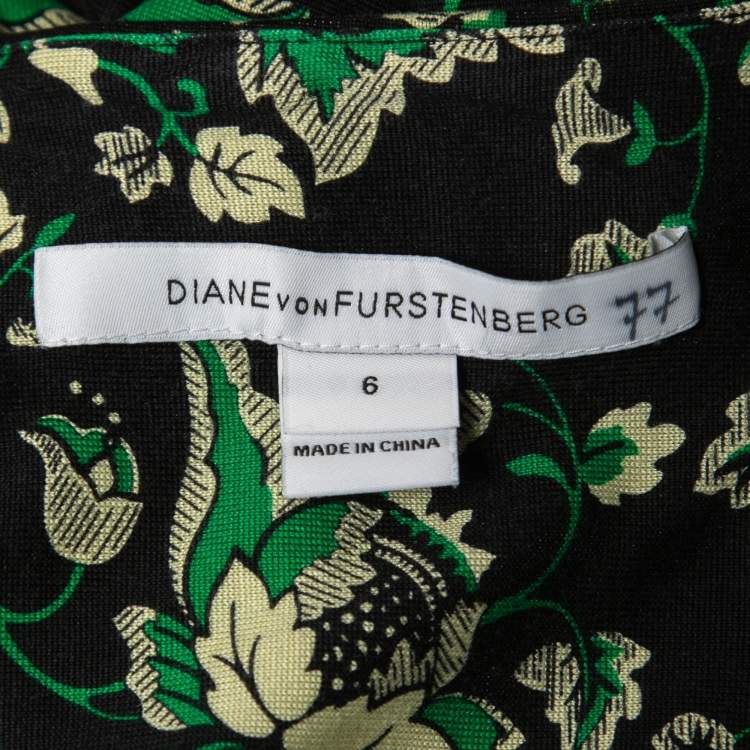 Pre Owned Diane Von Furstenberg Black & Green Printed Silk Knit Tallulah Two Mini Wrap Dress M
