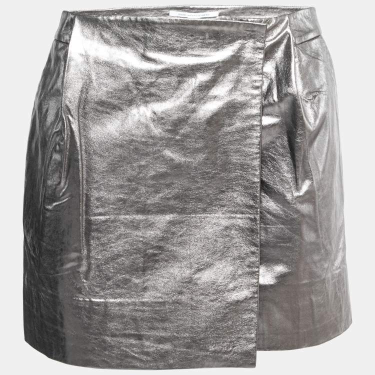 Pre Owned Diane Von Furstenberg Silver Leather Mini Skirt M