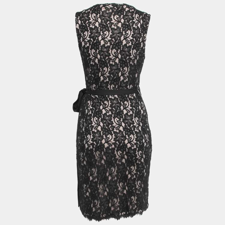 Pre Owned Diane Von Furstenberg Black Floral Lace Sleeveless Wrap Short Dress M