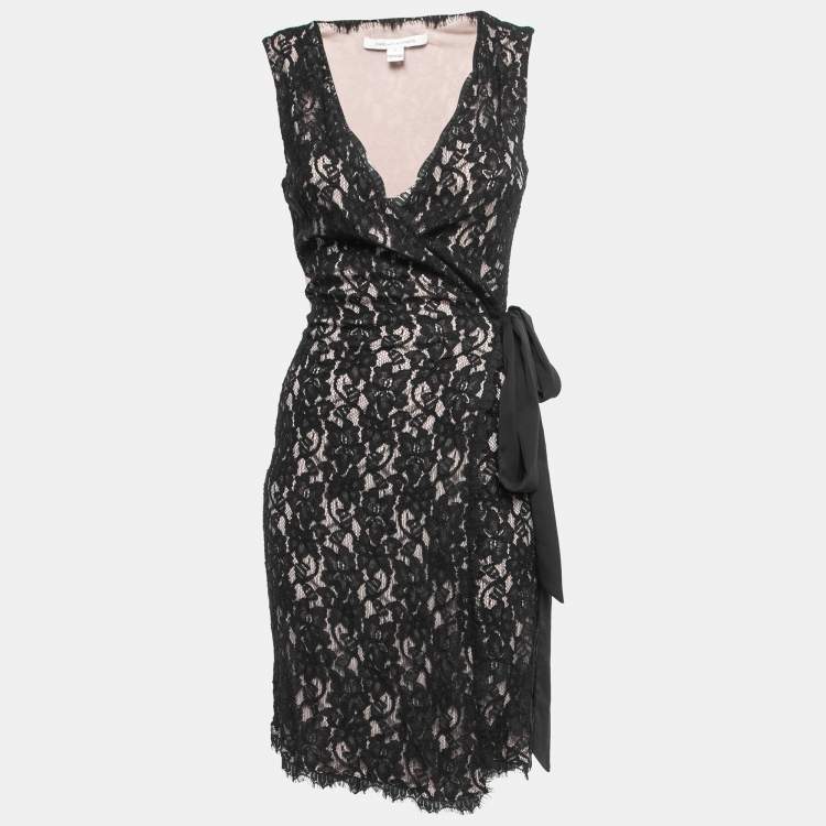 Pre Owned Diane Von Furstenberg Black Floral Lace Sleeveless Wrap Short Dress M