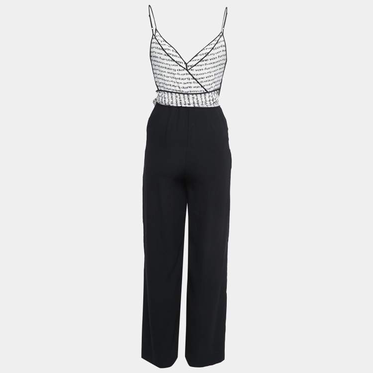 Pre Owned Diane Von Furstenberg Black/White Logo Print Crepe & Silk Wide Leg Back Tie Detail Strappy Jumpsuit XXS