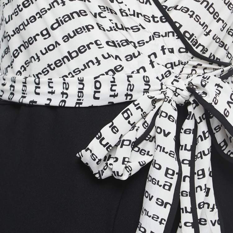 Pre Owned Diane Von Furstenberg Black/White Logo Print Crepe & Silk Wide Leg Back Tie Detail Strappy Jumpsuit XXS