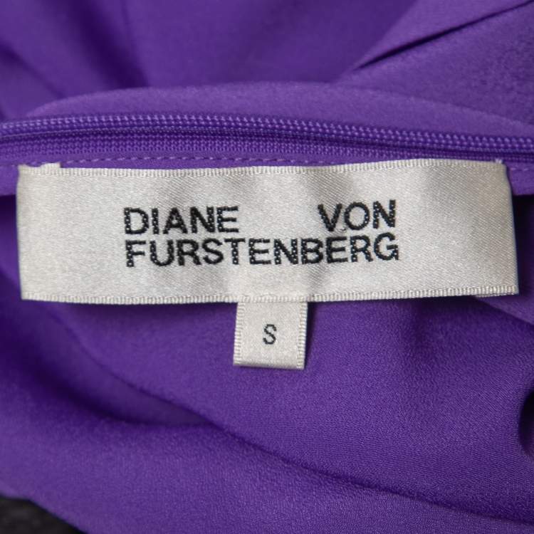 Pre Owned Diane Von Furstenberg Purple Printed Jersey & Crepe Long Sleeve Asymmetrical Midi Dress S