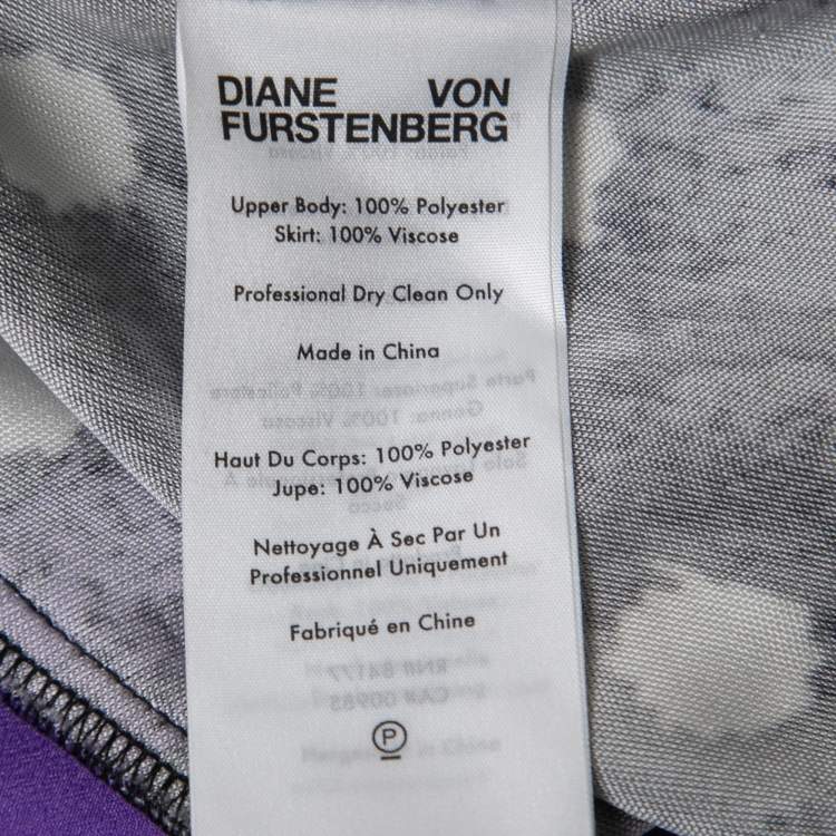 Pre Owned Diane Von Furstenberg Purple Printed Jersey & Crepe Long Sleeve Asymmetrical Midi Dress S