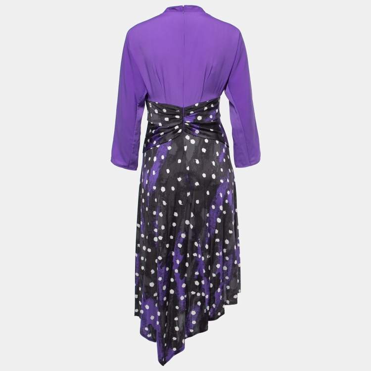 Pre Owned Diane Von Furstenberg Purple Printed Jersey & Crepe Long Sleeve Asymmetrical Midi Dress S