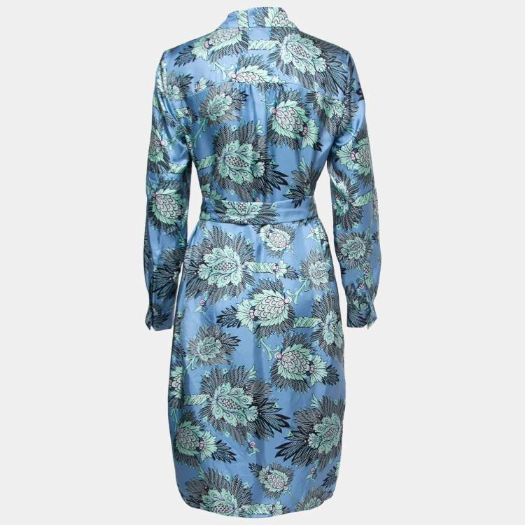 مملوكة مسبقًا Diane Von Furstenberg Blue Printed Silk Belted Shirt Dress M