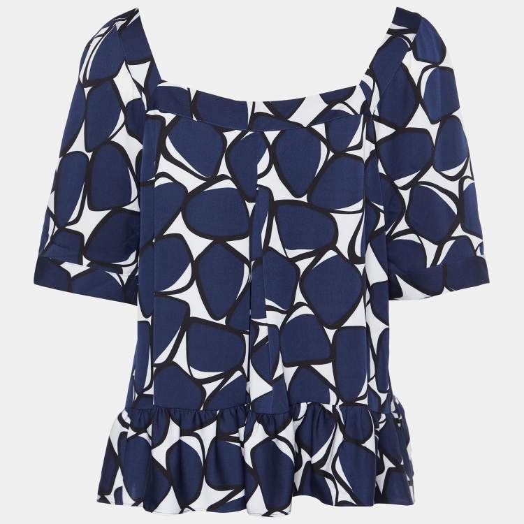Pre Owned Diane Von Furstenberg Navy Blue Printed Silk Top L
