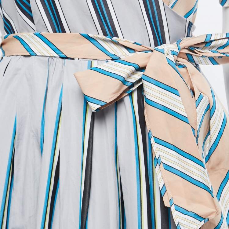Pre Owned Diane Von Furstenberg Grey/Peach Striped Cotton Wrap Midi Dress S