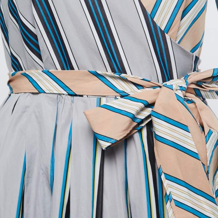 Pre Owned Diane Von Furstenberg Grey/Peach Striped Cotton Wrap Midi Dress S