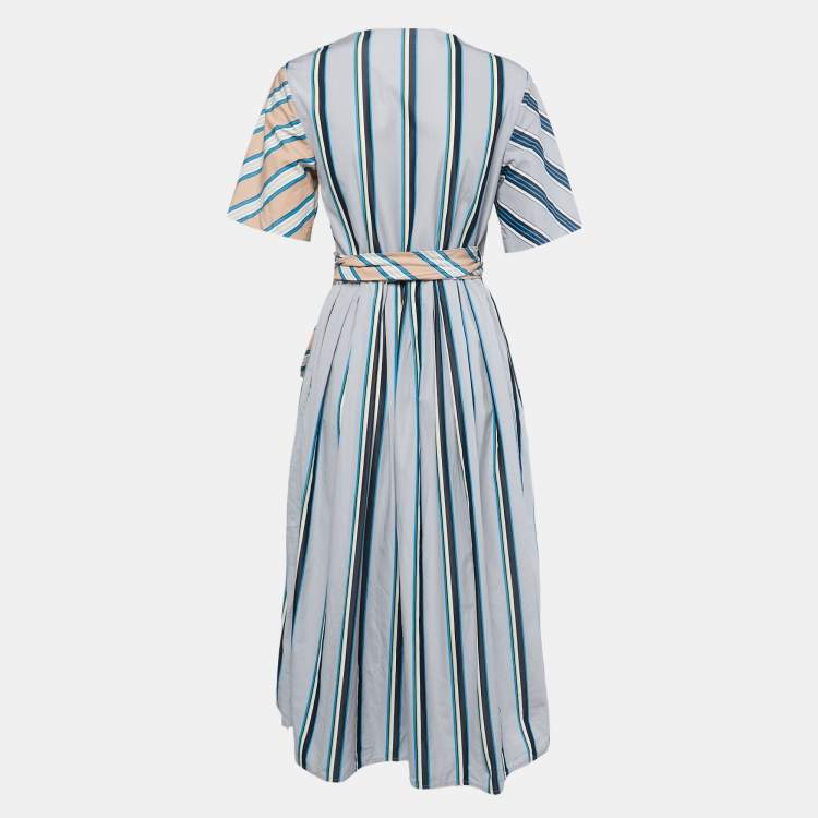 Pre Owned Diane Von Furstenberg Grey/Peach Striped Cotton Wrap Midi Dress S
