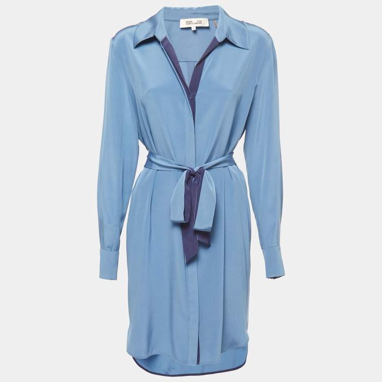Pre Owned Diane Von Furstenberg Blue & Violet Silk Button Front belted Shirt Dress L