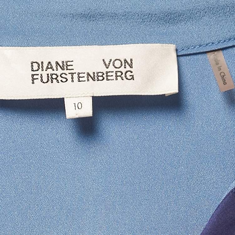 Pre Owned Diane Von Furstenberg Blue & Violet Silk Button Front belted Shirt Dress L