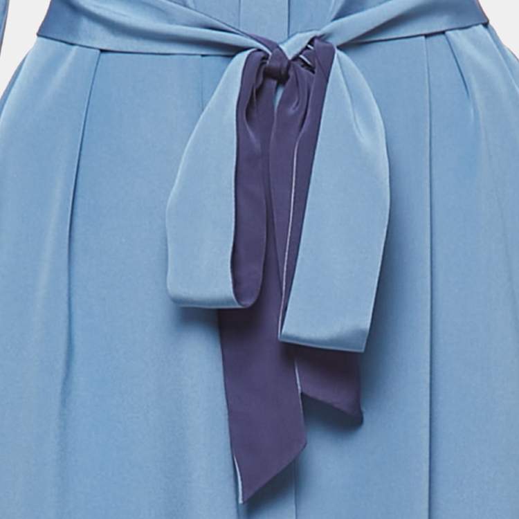 Pre Owned Diane Von Furstenberg Blue & Violet Silk Button Front belted Shirt Dress L