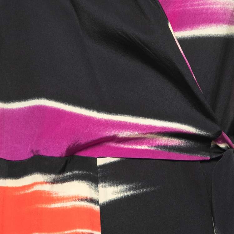 Pre Owned Diane Von Furstenberg Black Printed Silk Wrap Effect Jumpsuit L